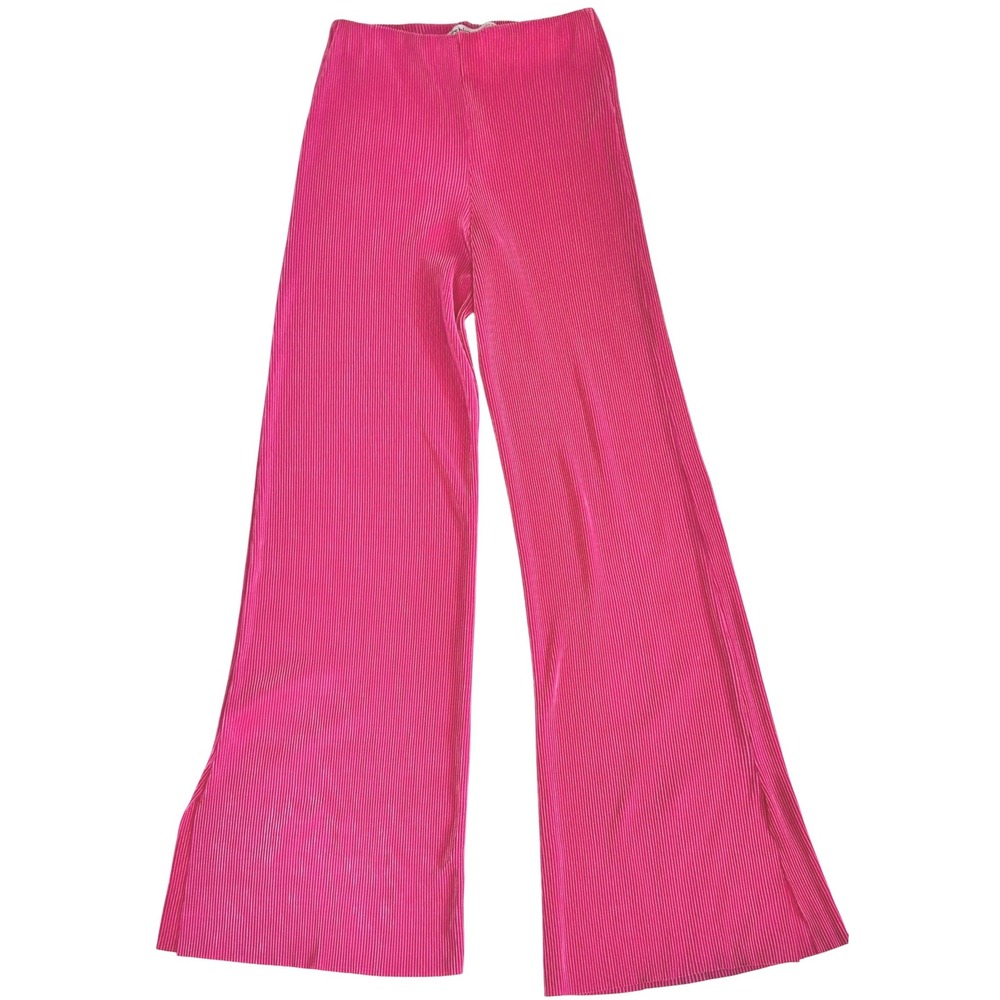 BERKSHA Women High Rise Textured Crinkle pleat Wide Leg flare‎ Pants neon Pink S